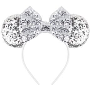 Mouse Ears Headband for Women Velvet Hair Bow White Angle Headwear for Girls & Boys - Sparkle Sequins Hair Bands with Big Mouse Ears Essencial Accessories for Trip (Silver Bow) in Kuwait