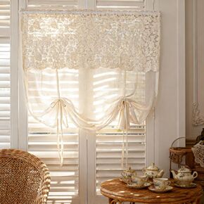 Chic Tie Up Curtain for Kitchen Adjust Ballon Window Valance Spliced Embroidered lace Liftable Half Curtain for Dining Room/Sliding Door/Cafe/Small Window Rod Pocket 1 Panel(W52 X L47 INCH,Beige) in Saudi Arabia