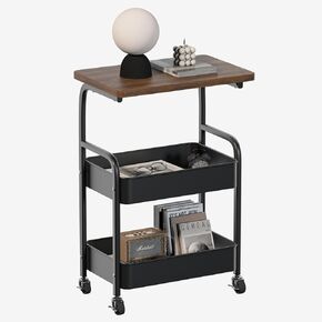 Rolling Cart with Wooden Tabletop 3-Tier Metal Utility Rolling Cart Storage Organizer with Lockable Wheels for Kitchen, Office, Bedroom in Saudi Arabia