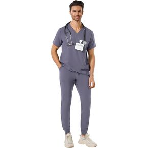 طقم فرك للرجال - 4 جيوب قابلة للتمدد برقبة على شكل حرف V وبنطال رياضي 5 جيوب، فرك مضاد للتجاعيد (M-XXL) in Kuwait