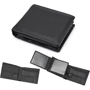 محفظة قصيرة ثلاثية الطي من الجلد الطبيعي مع سلسلة مضادة للسرقة للرجال، محفظة بطاقات الائتمان النقدية القديمة مع نافذة لبطاقة الهوية، قهوة داكنة in Kuwait