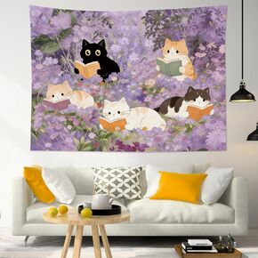 SwiftSculpt Purple Cat Garden Tapestry for Bedroom, Funny Reading Cats in Floral Wall Tapestry, Flower Cute Animal Botanical Tapestries Wall Hanging for Decor for Living Room Dorm, 60 x 40 Inches in Saudi Arabia