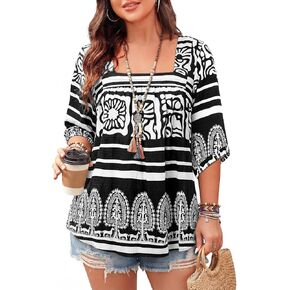 Bulotus Women's Plus Size Tops Square Neck 3/4 Sleeve Linen Blouse Oversized Tunic Boho Vacation Clothes 2026 1XL-5XL in Kuwait