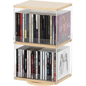 حامل أقراص مضغوطة دوار بطبقتين مع الخشب والأكريليك، رف تخزين أقراص مضغوطة بسعة 40، تصميم مفتوح الجانب وواقي مضاد للسقوط لغرفة المعيشة والمكتب والعرض الصناعي الحديث in Kuwait