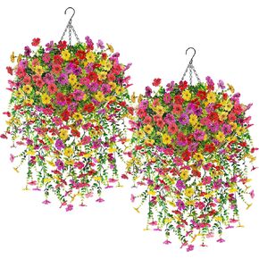 سلة زهور صناعية معلقة من دير روز للنباتات المزيفة للزهور المعلقة في الهواء الطلق مع 4 نباتات من الحرير الصناعي لتزيين الشرفة والفناء والشرفة in Kuwait