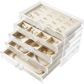 Acrylic Jewelry Box with 5 Drawers, Clear Earring Holder Organizer Rings Display Case with Adjustable Velvet Trays for Women Girls,Creamy-white in Saudi Arabia