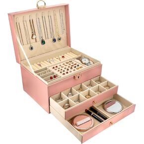 صندوق مجوهرات SRTCYDA للنساء، منظمات وتخزين مجوهرات كبيرة من جلد البولي يوريثان، تخزين مجوهرات من 3 طبقات مع درجين، تصميم موفر للمساحة للزينة، يحمل جميع أنواع المجوهرات (وردي) in Kuwait