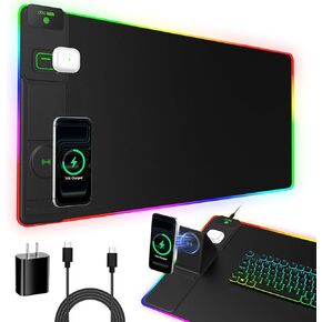 لوحة ماوس ألعاب XXL RGB LED مع شاحن لاسلكي مغناطيسي وحامل هاتف قابل للطي، بساط مكتب ممتد فائق النعومة مقاس 31.5 × 15.8 بوصة، 25 تأثير إضاءة، قاعدة غير قابلة للانزلاق، تتضمن محول PD 20 وات in Kuwait