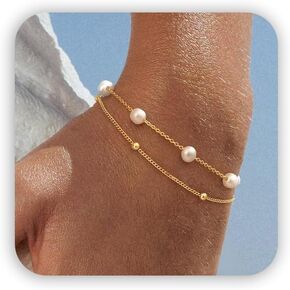 أساور اللؤلؤ الذهبية للنساء، مجموعة أساور أنيقة مطلية بالذهب عيار 14 قيراط، أساور سلسلة من اللؤلؤ والخرز قابلة للتعديل، هدايا مجوهرات خفيفة الوزن غير قابلة للتشوه للنساء in Kuwait