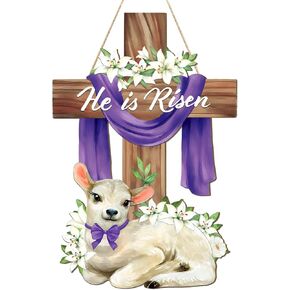 لقد قام بتزيين عيد الفصح بأكاليل خشبية للباب الأمامي، علامة متقاطعة، علامات جدار الباب، الأغنام المسيحية يسوع زهور الزنبق الحلي المعلقة لديكور المنزل الربيعي وحفلات المزرعة in Kuwait