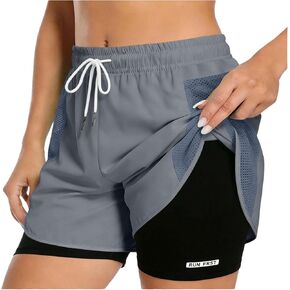 شورت نسائي 2 في 1 للجري في صالة الألعاب الرياضية برباط وبطانة ضغط مرنة للتمرينات الرياضية قابلة للتنفس in Kuwait