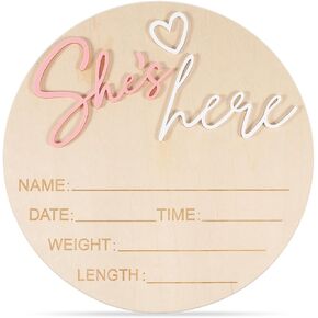 Birth Announcement Sign Wooden She’S Here Baby Sign 5.83Inch Round Welcome Baby Signs for Newborn Girls Photo Props Babys Shower Hospital Nursery in Kuwait