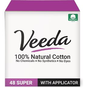 Veeda 100% Natural Cotton Tampons - Super Absorbency with Leak Proof Protection - Compact BPA-Free Applicator - Unscented & Free from Chlorine, Toxin - 96 Count in Kuwait