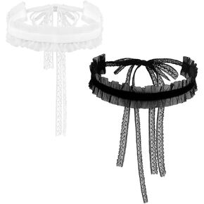 مجموعة قلادات من الدانتيل للنساء - قطعتان من القلادات ذات الشريط الأسود والأبيض، قلادة ملفوفة طويلة قابلة للتعديل بطول 47 بوصة، إكسسوارات على الطراز القوطي لوليتا وفيكتوري، مجوهرات متعددة الاستخدامات برقبة على شكل فيونكة in Kuwait