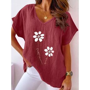 Women's Bright Pink V-Neck Short Sleeve Blouse Daisy Print Loose Fit Lightweight Casual Summer Top in Kuwait