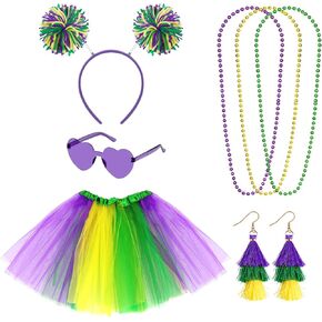 Fengek 80s Women's Costume Accessory Set - Tutu Skirt Headband Necklace Earrings Glasses for Mardi Gras St Patricks Halloween in Kuwait