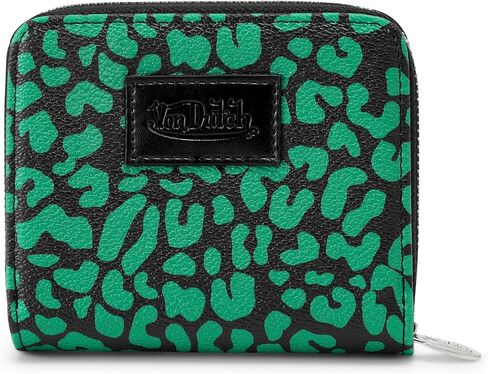 محفظة Von Dutch بسحاب مع نافذة لبطاقة الهوية، جلد نباتي، تصميم نحيف للجنسين للرجال والنساء (طباعة الفهد، أخضر) in Kuwait