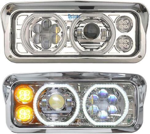 FIT مصابيح أمامية لجهاز العرض LED بالكامل، زوج إشارة هالو وعنبر أبيض متوافق مع PETERBILT 379 378 365 357 KENWORTH W900 T800 T600 Freightliner Classic Western Star 4x6 LED استبدال المصباح in Kuwait