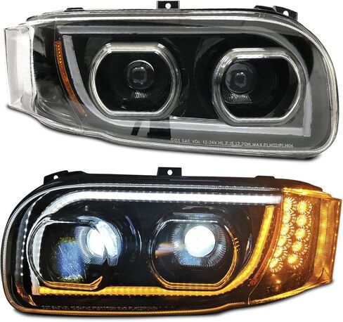 FIT مصابيح أمامية لجهاز العرض LED بالكامل، زوج إشارة هالو وعنبر أبيض متوافق مع PETERBILT 379 378 365 357 KENWORTH W900 T800 T600 Freightliner Classic Western Star 4x6 LED استبدال المصباح in Kuwait