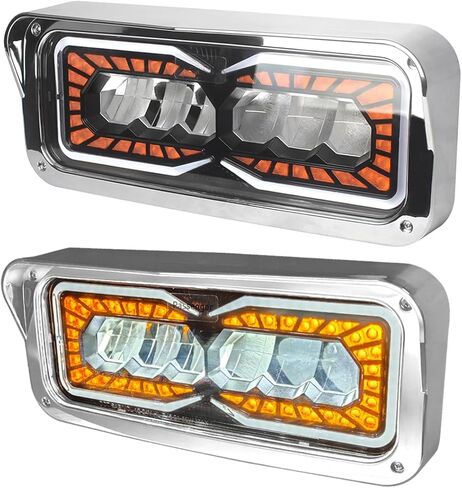 FIT مصابيح أمامية لجهاز العرض LED بالكامل، زوج إشارة هالو وعنبر أبيض متوافق مع PETERBILT 379 378 365 357 KENWORTH W900 T800 T600 Freightliner Classic Western Star 4x6 LED استبدال المصباح in Kuwait
