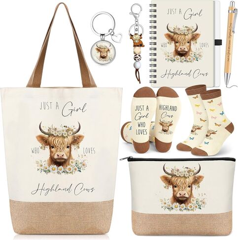 7 Pcs Highland Cow Lover Presents Set for Women Just a Girl Who Loves Highland Cow Keychain Makeup Bag Canvas Bag Notebook Pen Socks for Coworker Teacher Sister Animal Lover in Saudi Arabia