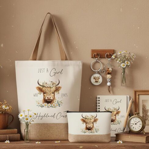7 Pcs Highland Cow Lover Presents Set for Women Just a Girl Who Loves Highland Cow Keychain Makeup Bag Canvas Bag Notebook Pen Socks for Coworker Teacher Sister Animal Lover in Saudi Arabia
