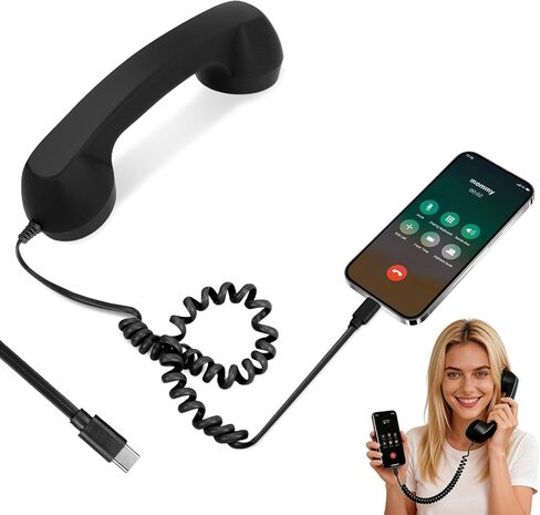 سماعة هاتف ريترو، سماعة هاتف سلكية عتيقة مع قابس من النوع C، مكالمات عالية الدقة، التحكم في مستوى الصوت للهواتف الذكية - ملحق مكتب ممتع (أسود) in Kuwait