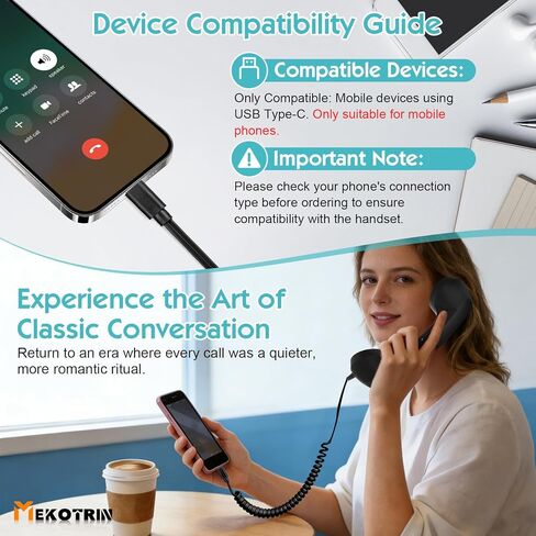 سماعة هاتف ريترو، سماعة هاتف سلكية عتيقة مع قابس من النوع C، مكالمات عالية الدقة، التحكم في مستوى الصوت للهواتف الذكية - ملحق مكتب ممتع (أسود) in Kuwait
