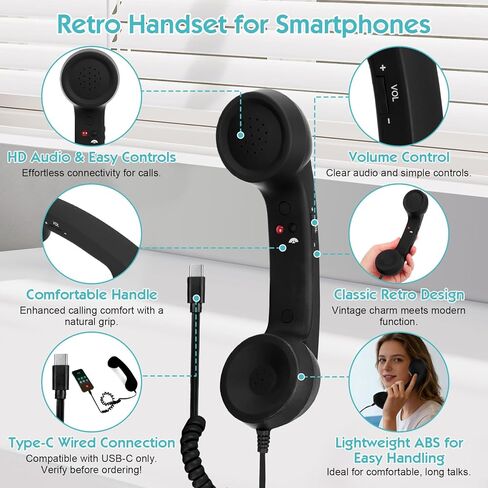 سماعة هاتف ريترو، سماعة هاتف سلكية عتيقة مع قابس من النوع C، مكالمات عالية الدقة، التحكم في مستوى الصوت للهواتف الذكية - ملحق مكتب ممتع (أسود) in Kuwait