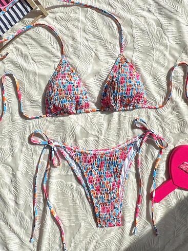 Women's Floral Smocked Triangle Bikini Set, Halter Tie Side String Two Piece Swimsuit for Beach Pool in Saudi Arabia