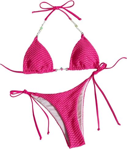 Floerns Women's Bikini Sets Textured Triangle Halter Swimsuit Tie Side String 2 Piece Bathing Suit in Saudi Arabia