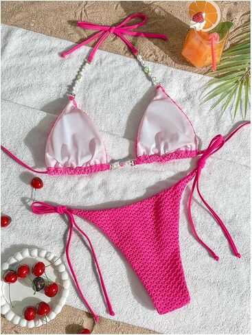 Floerns Women's Bikini Sets Textured Triangle Halter Swimsuit Tie Side String 2 Piece Bathing Suit in Saudi Arabia