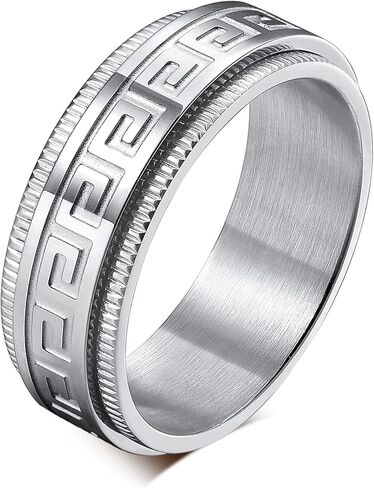 حلقة القلق الدوارة للرجال من MMTTAO باللون الأسود/الفضي/الأزرق 8 مم من التيتانيوم لتخفيف القلق، حلقة تململ بمفتاح يوناني في المنتصف، أربطة خطوبة زفاف غير لامعة مصقولة، حواف متدرجة مريحة، مقاس 5-14 in Kuwait