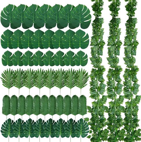 XunYee 84 Pcs Artificial Jungle Vines Tropical Leaf Garland and Monstera Palm Leaves Jungle Decoration Set, Fake Ivy Vines Green Greenery Faux Leaves for Baby Shower Safari Tropical Party Decoration in Saudi Arabia