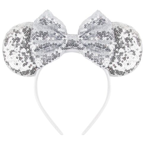 Mouse Ears Headband for Women Velvet Hair Bow White Angle Headwear for Girls & Boys - Sparkle Sequins Hair Bands with Big Mouse Ears Essencial Accessories for Trip (Silver Bow) in Kuwait