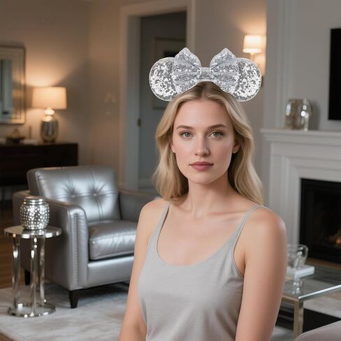 Mouse Ears Headband for Women Velvet Hair Bow White Angle Headwear for Girls & Boys - Sparkle Sequins Hair Bands with Big Mouse Ears Essencial Accessories for Trip (Silver Bow) in Kuwait