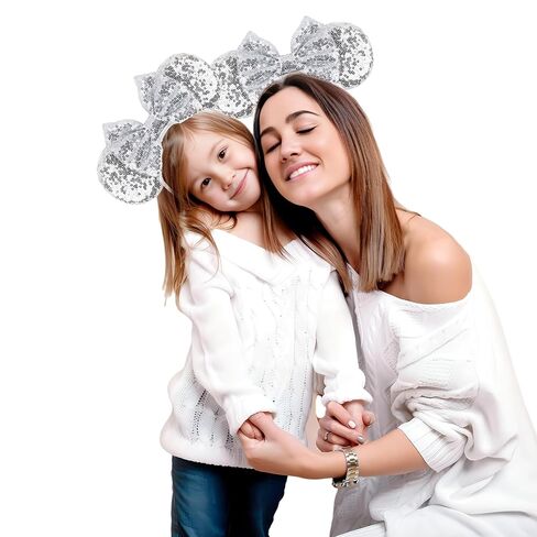 Mouse Ears Headband for Women Velvet Hair Bow White Angle Headwear for Girls & Boys - Sparkle Sequins Hair Bands with Big Mouse Ears Essencial Accessories for Trip (Silver Bow) in Kuwait