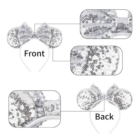 Mouse Ears Headband for Women Velvet Hair Bow White Angle Headwear for Girls & Boys - Sparkle Sequins Hair Bands with Big Mouse Ears Essencial Accessories for Trip (Silver Bow) in Kuwait