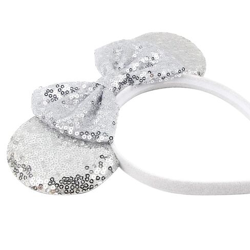 Mouse Ears Headband for Women Velvet Hair Bow White Angle Headwear for Girls & Boys - Sparkle Sequins Hair Bands with Big Mouse Ears Essencial Accessories for Trip (Silver Bow) in Kuwait