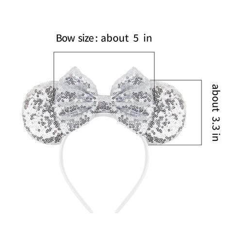 Mouse Ears Headband for Women Velvet Hair Bow White Angle Headwear for Girls & Boys - Sparkle Sequins Hair Bands with Big Mouse Ears Essencial Accessories for Trip (Silver Bow) in Kuwait