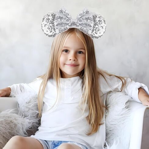 Mouse Ears Headband for Women Velvet Hair Bow White Angle Headwear for Girls & Boys - Sparkle Sequins Hair Bands with Big Mouse Ears Essencial Accessories for Trip (Silver Bow) in Kuwait