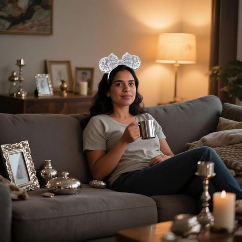 Mouse Ears Headband for Women Velvet Hair Bow White Angle Headwear for Girls & Boys - Sparkle Sequins Hair Bands with Big Mouse Ears Essencial Accessories for Trip (Silver Bow) in Kuwait