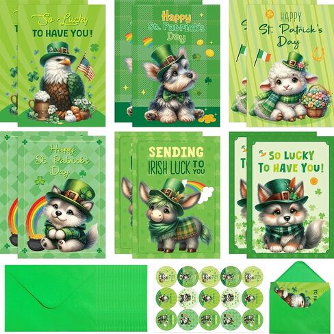 Treasure Cove St.Patrick's Day Cards with Envelopes Happy St. Patrick's Day Greeting Cards Green Animal Notecards for Irish Holiday Spring Party Supplies 12 Pcs in Kuwait