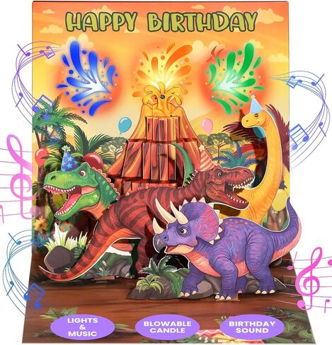 بطاقات عيد ميلاد موسيقية منبثقة على شكل ديناصور كورالوجو - بطاقات عيد ميلاد بركان مع شمعة قابلة للنفخ، عمر DIY، أضواء، موسيقى، وملاحظة فارغة، هدية مضحكة للأولاد وحفيد الأطفال in Kuwait