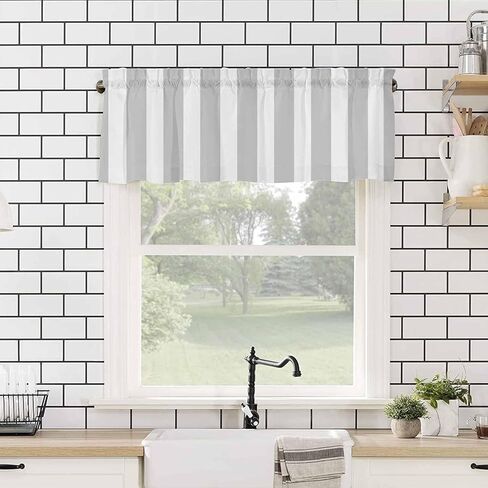 DecorLovee Grey Striped Curtain Valances for Windows Living Room, Modern Farmhouse Gray White Stripes Curtain Toppers and Valances for Bedroom, Rod Pocket Curtains Kitchen Valances 42"x12" in Saudi Arabia