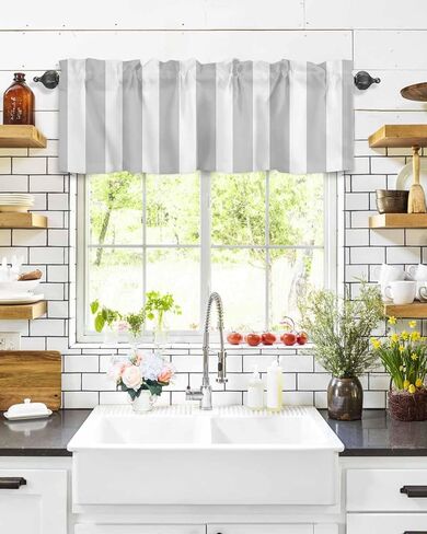 DecorLovee Grey Striped Curtain Valances for Windows Living Room, Modern Farmhouse Gray White Stripes Curtain Toppers and Valances for Bedroom, Rod Pocket Curtains Kitchen Valances 42"x12" in Saudi Arabia