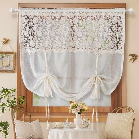 Chic Tie Up Curtain for Kitchen Adjust Ballon Window Valance Spliced Embroidered lace Liftable Half Curtain for Dining Room/Sliding Door/Cafe/Small Window Rod Pocket 1 Panel(W52 X L47 INCH,Beige) in Saudi Arabia