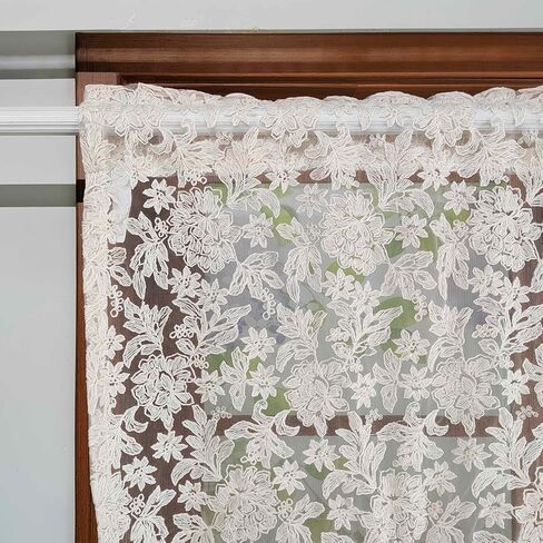 Chic Tie Up Curtain for Kitchen Adjust Ballon Window Valance Spliced Embroidered lace Liftable Half Curtain for Dining Room/Sliding Door/Cafe/Small Window Rod Pocket 1 Panel(W52 X L47 INCH,Beige) in Saudi Arabia