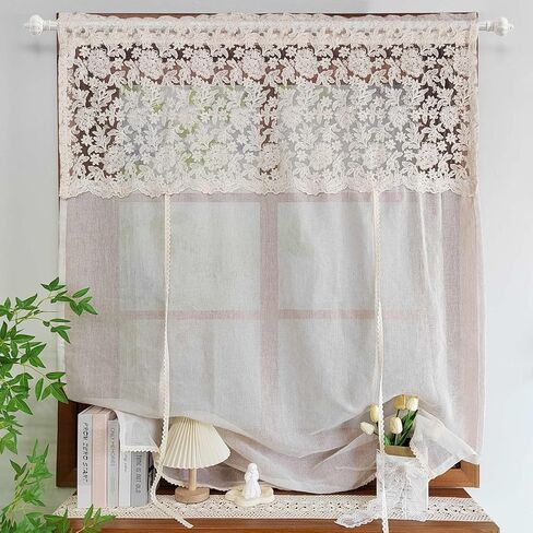 Chic Tie Up Curtain for Kitchen Adjust Ballon Window Valance Spliced Embroidered lace Liftable Half Curtain for Dining Room/Sliding Door/Cafe/Small Window Rod Pocket 1 Panel(W52 X L47 INCH,Beige) in Saudi Arabia