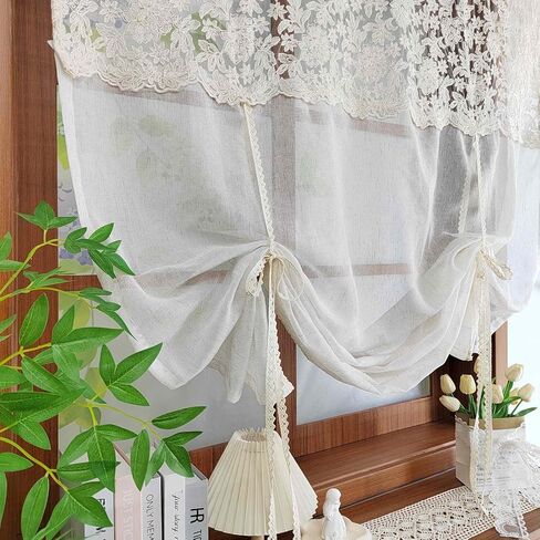 Chic Tie Up Curtain for Kitchen Adjust Ballon Window Valance Spliced Embroidered lace Liftable Half Curtain for Dining Room/Sliding Door/Cafe/Small Window Rod Pocket 1 Panel(W52 X L47 INCH,Beige) in Saudi Arabia